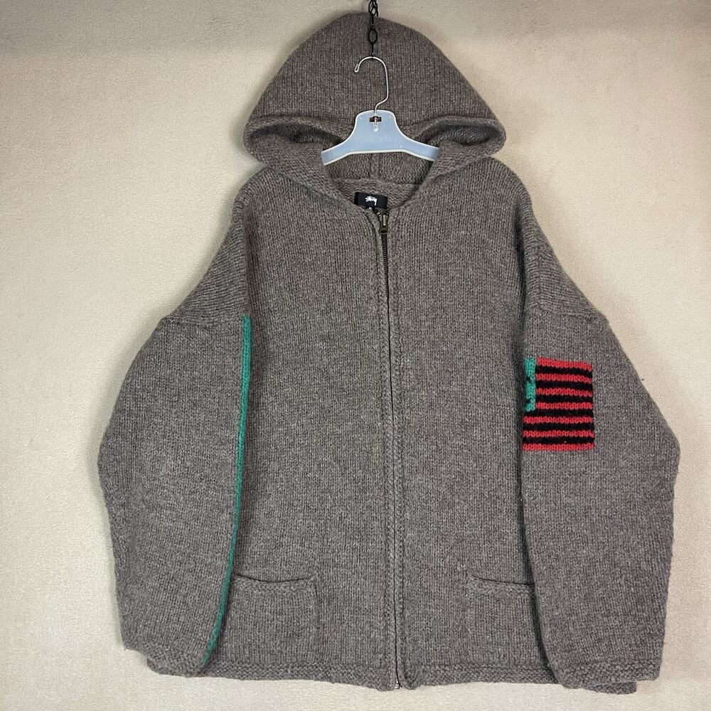Stussy Denim Tears Sweater Mens Xl Gray Full Zip Knit Heavyweight Wool Hooded